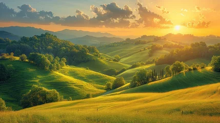 Fotobehang Splendid summer landscape of a rolling countryside on a sunny day. Bright rolling countryside around a farm in the morning light. © haizah