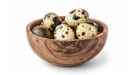 Obraz premium quail eggs in wooden bowl isolated on white background cutout.