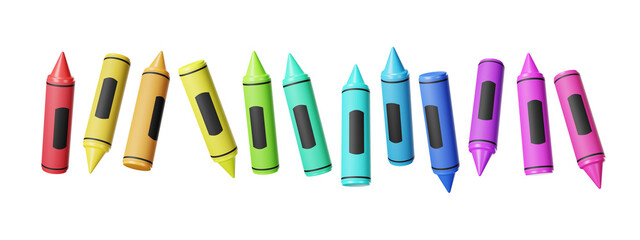 Set of tiny colorful crayons in different positions isolated on transparent background. 3d illustration
