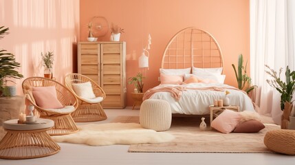Fototapeta na wymiar Bohemian-inspired Bedroom with Soft Peach Walls and Eclectic Charm Design a bohemian-inspired bedroom with soft peach walls