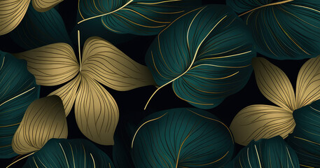golden leaves line art background vector. luxury gold abstract wallpaper with blue and tidewater green color. Design for prints, Home decoration, fabric and cover design. vector illustration