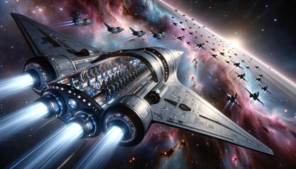 Futuristic spacecraft embarking on interstellar journey through vibrant nebula.