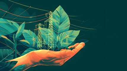 A hand cradles a vibrant green leaf featuring an intertwining scene of a power line tower and renewable energy elements_upscayl_4x_realesrgan-x4plus - obrazy, fototapety, plakaty