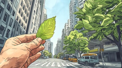 a hand holding a green leaf in front of a city street and tree