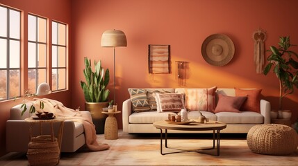 Bohemian-inspired Living Room with Soft Terracotta Walls and Eclectic Accents Design a vibrant and eclectic living room with soft terracotta walls inspired by bohemian design principles - obrazy, fototapety, plakaty