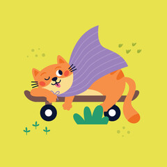 Funny red cat is lying on a skateboard. Happy cat character in park. Summer vacation time. Vector Hand drawn cartoon flat illustration.