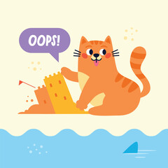 Funny red cat breaks a sand castle on the beach. Happy cat character on beach. Summer vacation time. Vector Hand drawn cartoon flat illustration.