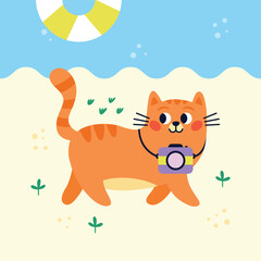 Funny red cat is walking along the beach with a camera. Happy cat character on beach. Summer vacation time. Vector Hand drawn cartoon flat illustration.