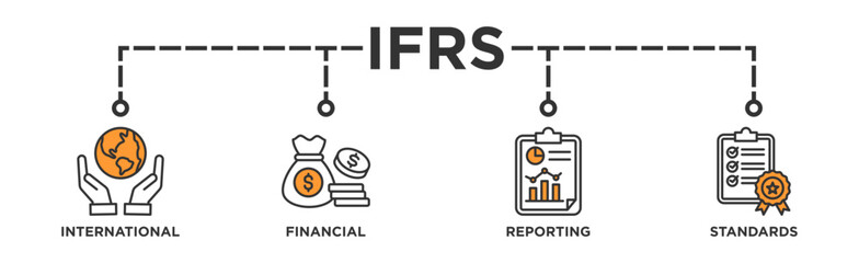 IFRS banner web icon illustration concept for international financial reporting standards with icon of global, network, money, documents, books, and writing