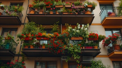 Fototapeta na wymiar balconies of a building with many hanging baskets of flowers, in the style of bold color usage