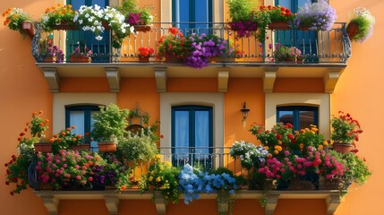 Fototapeta na wymiar a wooden balcony with potted plants around the balcony, in the style of vibrant spectrum colors