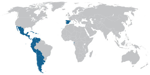 Fototapeta na wymiar Spanish language speaking countries on map of the world