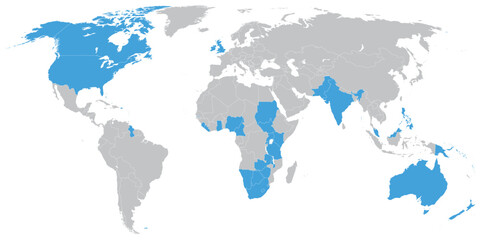 Fototapeta na wymiar English language speaking countries on map of the world