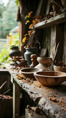 a wooden table topped with lots of bowls and bowls