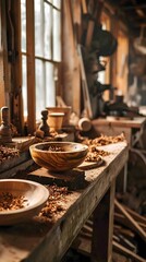 a wooden table topped with a bowl of wood shavings