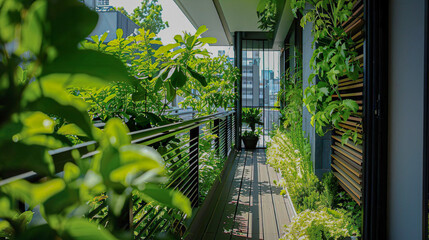 Balcony Garden With Hanging Plants And Glass Sliding Door. Privacy, Pleasure and Relaxation In A Green And Calming Environment. 