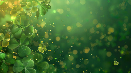 Four Leaf Clovers With Gold Sparkles On Green Background With Copy Space