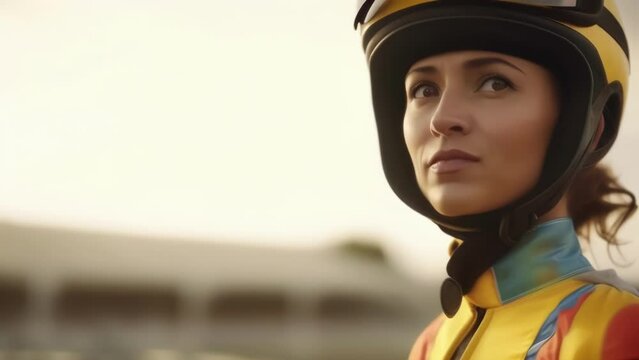 A young female jockey wearing a yellow helmet and rustcolored jumpsuit standing at attention looking ahead into the distance in a close up portrait as a blurred racetrack looms