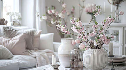 Interior design of living room beautiful composition of pink plants in different design pots. Scandinavian Home Interior