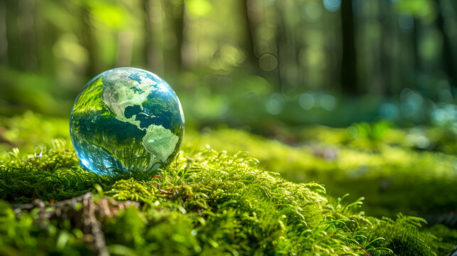 Globe on Moss in Forest Environmental Concept, Earth Conservation Symbol, Nature Preservation and Ecology Awareness, Sustainable Ecosystem, Generative AI

