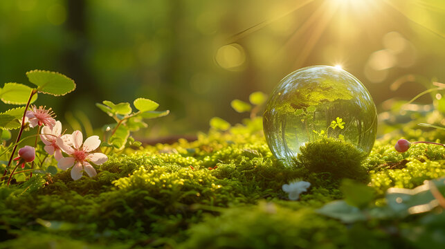 Globe on Moss in Forest Environmental Concept, Earth Conservation Symbol, Nature Preservation and Ecology Awareness, Sustainable Ecosystem, Generative AI

