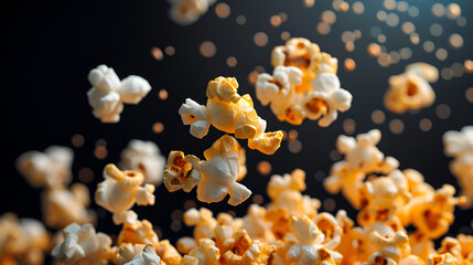 Flying Delicious Popcorn Cut Out on Black Background, Crispy Snack Food Floating in Air, Tasty Movie Theater Popcorn, Cinema Snacks Concept, Generative AI

