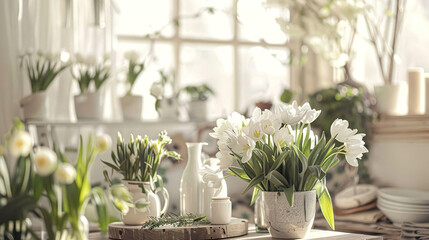 Interior design of living room beautiful composition of white roses in different design pots and warm sunlight. Scandinavian Home Interior - obrazy, fototapety, plakaty