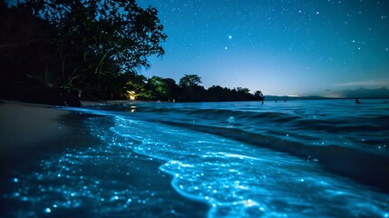 a body of water that is under a night sky - Powered by Adobe