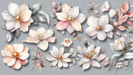 Beautiful watercolor magnolia, trillium forest  flowers on gray background. Digital illustration. Wedding design elements