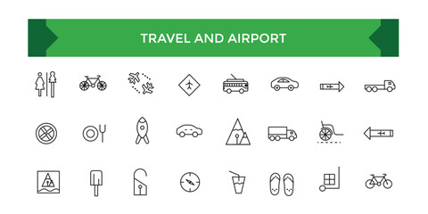 Fototapeta na wymiar Travel and Airport icon set. Linear icon collection. Editable stroke. Vector illustration.