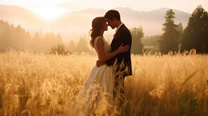 A beautiful young couple of Newlyweds, an elegant groom in a black suit and a Bride in a long white dress hug, kiss in a golden field at dawn. Nature, Wedding, Lovers, Love concepts.