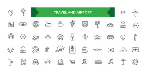 Travel and Airport icon set. Linear icon collection. Editable stroke. Vector illustration.