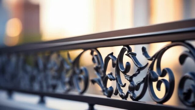 Closeup of a ornate wrought iron balcony railing on a contemporary highrise.