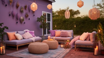 Bohemian-inspired Outdoor Retreat with Soft Lavender Walls and Eclectic Charm Create a...