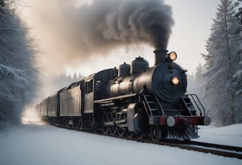 A beautiful Christmas train with a steam locomotive drives through a winter landscape - obrazy, fototapety, plakaty