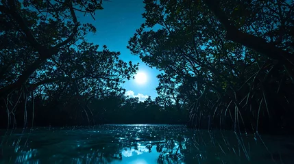 Foto op Plexiglas a body of water surrounded by trees at night © KWY