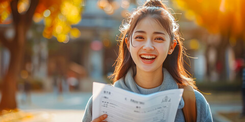 Excited happy Asian girl feels like a winner, happy about winning, gets a new job, female student gets good results in exam - obrazy, fototapety, plakaty