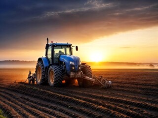 Fototapeta premium A modern tractor plows a field at dawn.