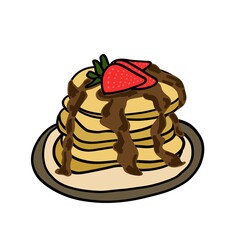 Hand drawn pancakes with strawberries on top on a white background
