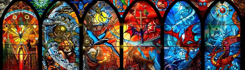 The vibrant colors of stained glass windows illuminating the face of a statue adding depth and emotion