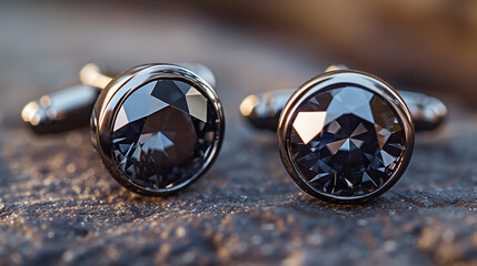 A pair of black diamond cufflinks, reflecting the dapper elegance of love, poised on a polished obsidian surface.