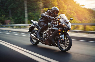 Fototapeta premium Exploring the empty roads with pure joy, racer, biker riding a motorbike motorcyle and having fun on an exhilarating motorcycle tour