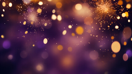 Gold and dark violet Fireworks and bokeh in New Year eve and copy space. Abstract background holiday, Gold and dark violet Fireworks and bokeh in New Year eve or Christmas, Generative Ai 
