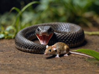 Obraz premium A snake with an open mouth and a mouse in front of it