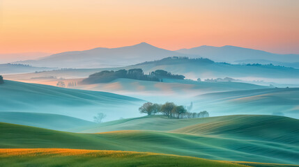 Obraz premium A serene landscape of rolling hills, accented with gentle morning mist