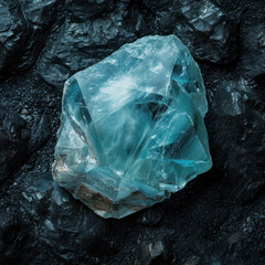 cut Aquamarine ​gem ​of flawless quality on black stone background - obrazy, fototapety, plakaty
