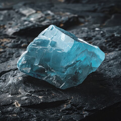 cut Aquamarine ​gem ​of flawless quality on black stone background
