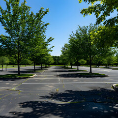 Empty Parking lot with trees on sunny summer day
