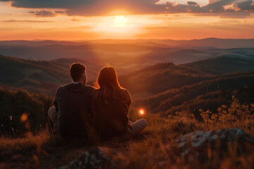 silhouette of a couple sitting on a hill at sunset
