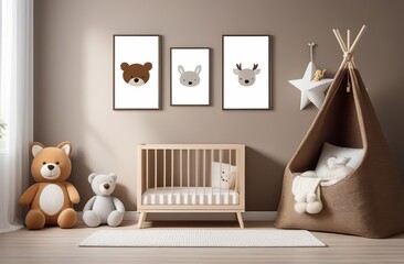 Stylish scandinavian newborn baby room with brown wooden mock up poster frame, toys, plush animal and child accessories